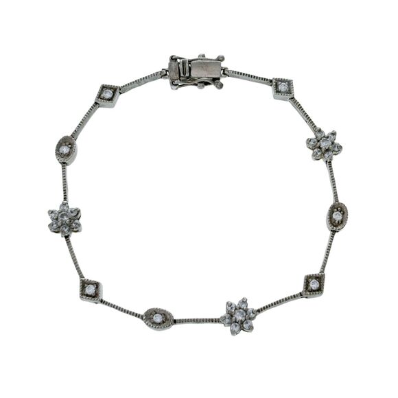 Vintage Sterling Silver 925 Floral Geometric Crystal Accent Bracelet 7" - Picture 1 of 6